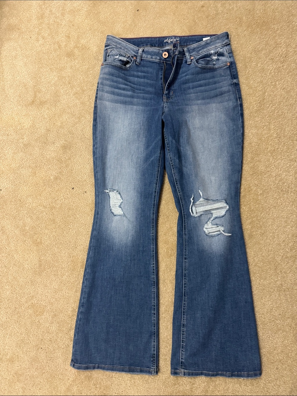 Edge Distressed Mid-Rise Flare Jeans - Medium Blue